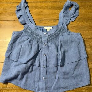 American Eagle Light Blue Ruffle Button-Front Cropped Tank Top size S